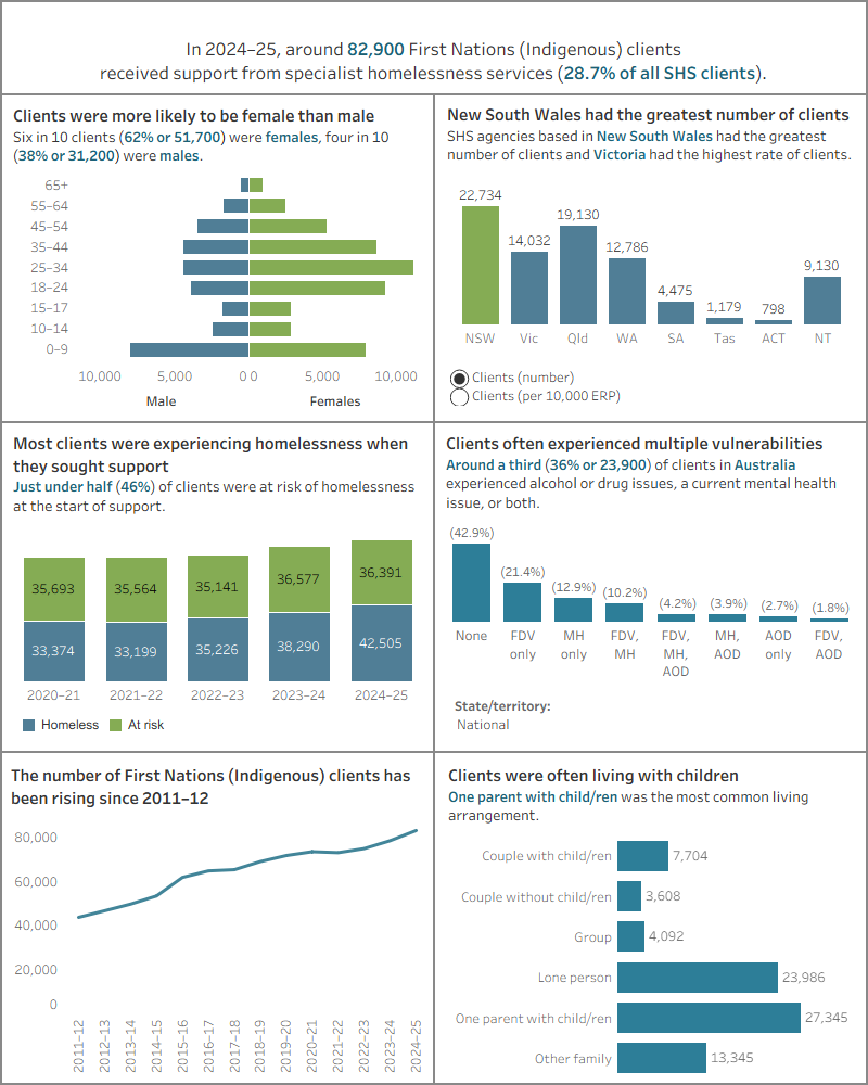 Dashboard shows the number of First nations clients by sex, by states and territories, by homeless status, by vulnerabilities, and by living arrangements.