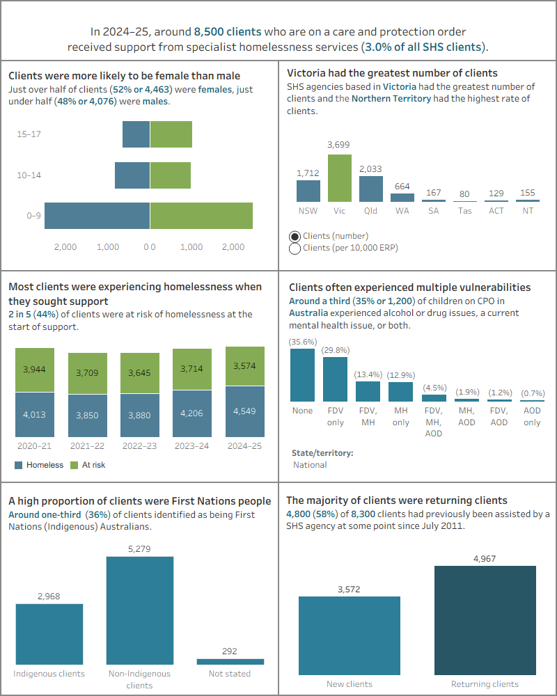 Dashboard shows the number of clients on care and protection orders, by age and sex, by states and territories, by homeless status, by vulnerabilities, by Indigenous status, and by new or returning client status.