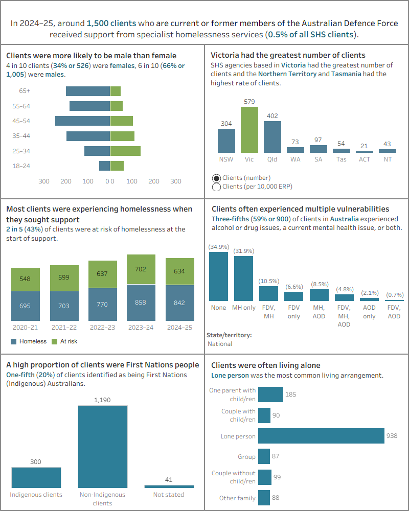 Dashboard shows the number of current or former ADF members, by sex, by states and territories, by homeless status, by vulnerabilities, by Indigenous status, and by living arrangements.