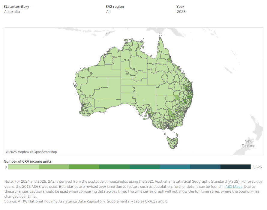 The map highlights the highest number of CRA income units in SA2 areas were in Caboolture – South QLD, Fairfield NSW and Deception Bay QLD, at June 2025.