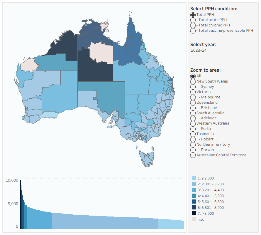 Interactive map showing the variation in potentially preventable hospitalisations by SA3, from 2017–18 to 2023–24.
