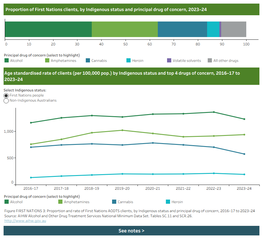 Dashboard with a stacked horizontal bar chart and line chart shows the age-standardised rate and proportion of principal drug of concern by Indigenous status.