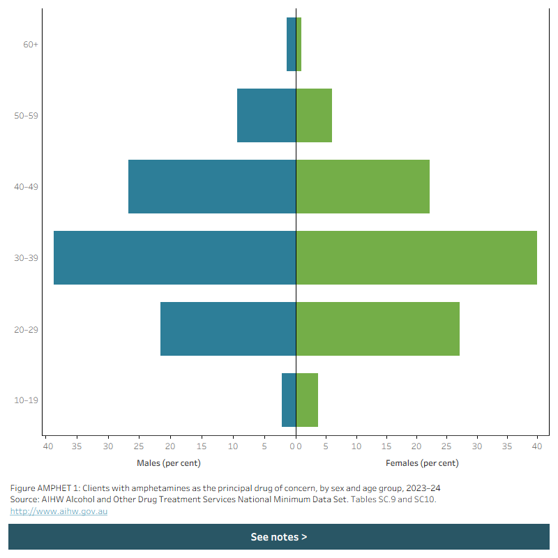 Butterfly chart shows the disaggregation of male and female clients receiving treatment for amphetamines as the principal drug of concern by age group in 2023–24.