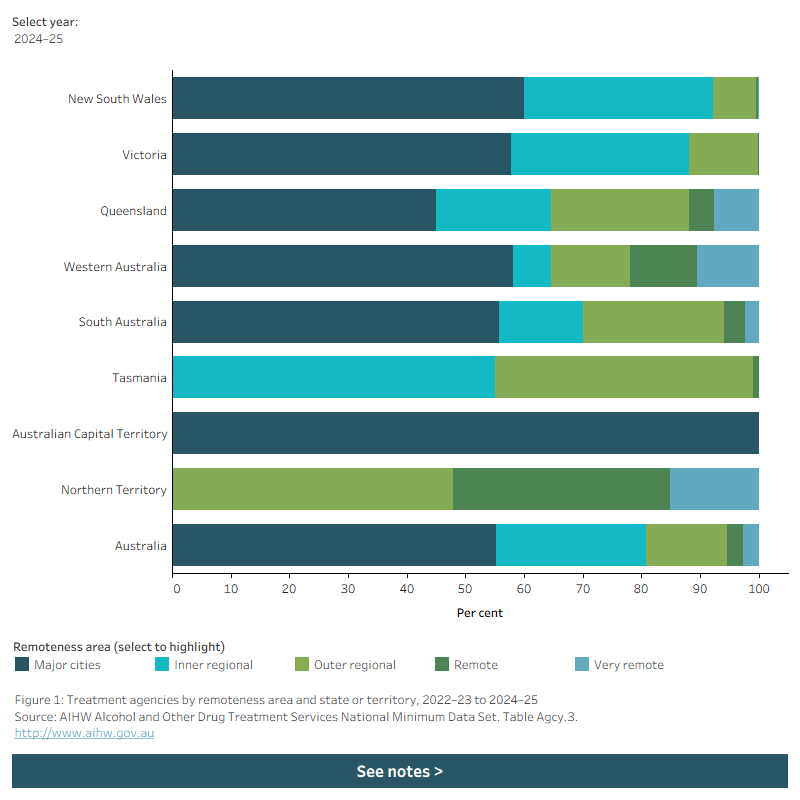 Horizontal bar chart shows agencies by remoteness area and state/territory in 2024–25. Data is filtered by year.