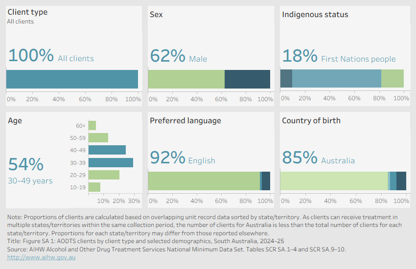 Visualisation shows a series of horizontal bar graphs showing disaggregation’s by client type, sex, indigenous status, age, preferred language, and country of birth in South Australia in 2024–25.