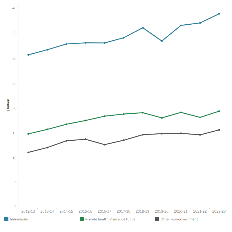 The line graph shows that spending by individuals increased each year and overall, from $30.6 billion in 2012–13 to $38.9 billion in 2022–23. Spending by private health insurance funds also increased each year and overall, from $14.8 billion in 2012–13 to $19.3 billion in 2022–23. Apart from the decrease in 2016–17, over the 10-year period other non-government spending increased overall from $11.1 billion in 2012–13 to $15.6 billion in 2022–23.