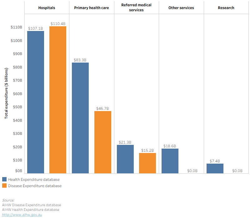 This bar chart compares 2022-23 Health Expenditure and Disease Expenditure data. It shows that disease expenditure is higher than health expenditure in hospitals, while health expenditure exceeds disease expenditure in primary health care, referred medical services, other services, and research.