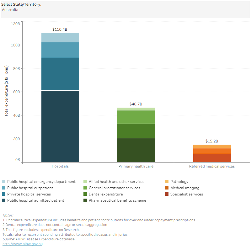 This stacked bar chart shows disease expenditure by broad area of expenditure highlighting $110.4 billion spent on disease groups in hospitals, $46.7 billion in primary health care, and $15.2 billion in referred medical services. Each bar represents a different broad area of spending, with the total disease expenditure distributed across these three broad categories. 