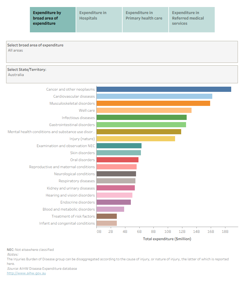 This figure explores broad and detailed spending on disease by area of expenditure at the national and state and territory level. Cardiovascular diseases ranks highest burden of disease group for hospital services, cancer leads in primary health care and referred medical services. In 2022–23, infectious diseases were the primary reason for GP visits.