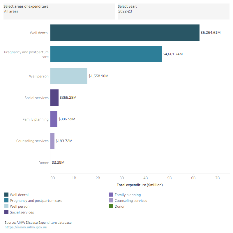 This bar graph displays the spending on the sub categories of well care over a ten-year period from 2013-14 to 2022-23. During this time, 'Well Dental' consistently ranked as the highest sub component in well care spending, followed by 'Pregnancy and Postpartum Care'.