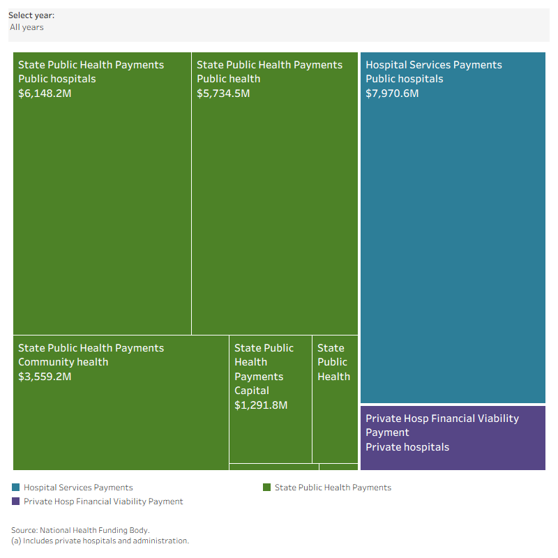This tree diagram shows the three broad NPCR payment categories disaggregated by area of spending for 2019–20 to 2022–23. It showed that the highest spending was for public hospitals and public health.