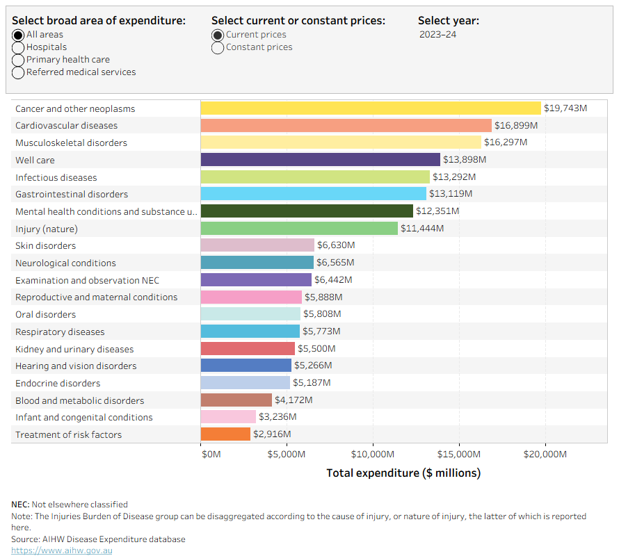 This bar graph ranks burden of disease groups by broad areas of expenditure for each year. In 2023–24, the highest spending in hospitals was for cardiovascular diseases followed by cancer and musculoskeletal disorders.