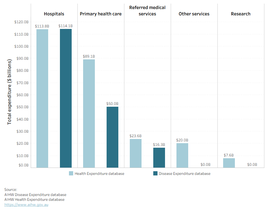This bar chart compares 2023–24 Health Expenditure and Disease Expenditure data. It shows that disease expenditure is slightly higher in hospitals, while health expenditure exceeds disease expenditure in primary health care, referred medical services, other services, and research.
