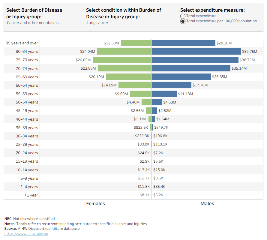 This butterfly bar chart shows the amount spent on each condition for males and females, by broad area of expenditure. For lung cancer the highest spending for both males and females was in the 70–74 year age group.