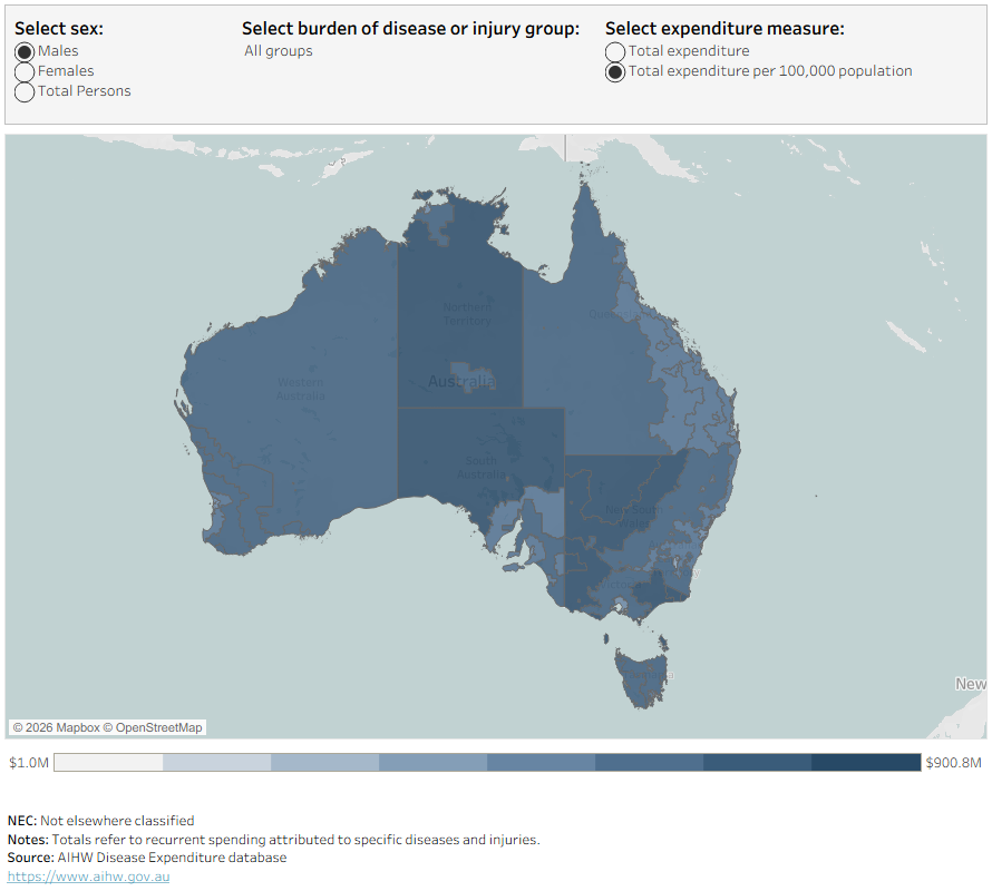 This map shows spending on burden of disease groups by sex and by remoteness category. The darker the shading in a particular area of the map is where there is higher spending.