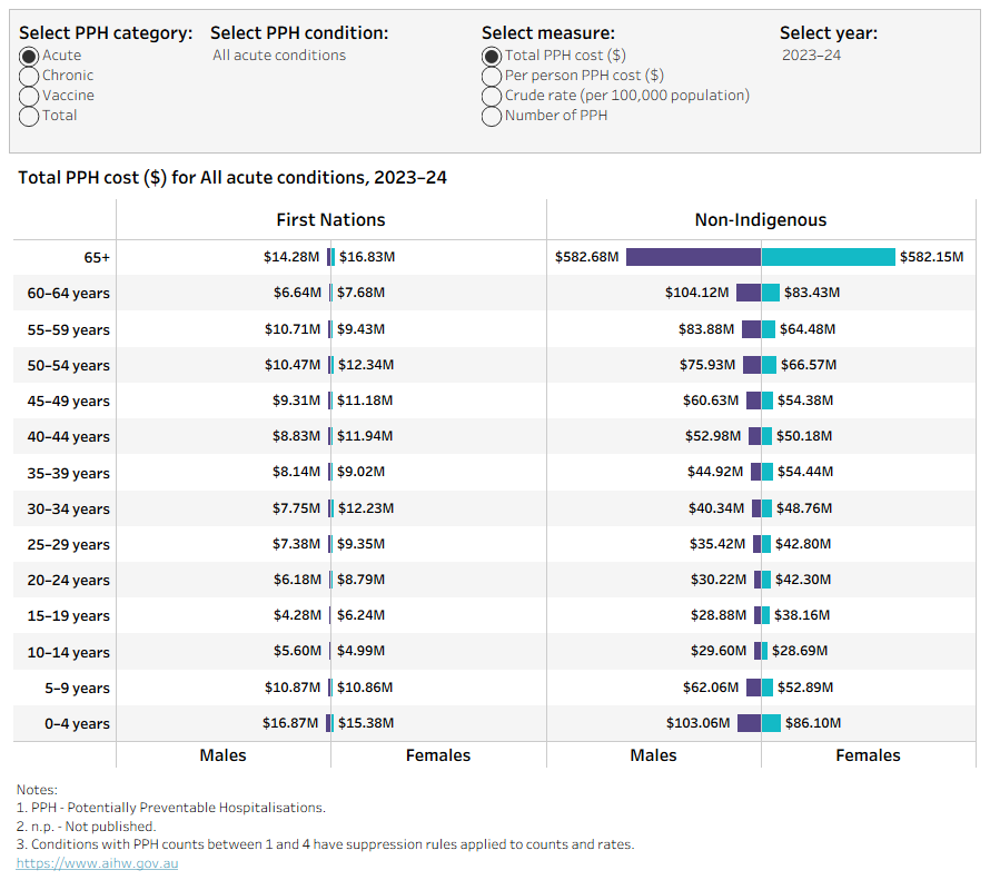 The data visualisation shows two population pyramids for potentially preventable hospitalisations from 2016–17 to 2023–24. One pyramid represents First Nations people, and the other represents non-Indigenous Australians. Each pyramid displays measures by category, condition, Indigenous status, age and sex. Hospitalisation expenditure was higher for First Nations females than for non-Indigenous females. For First Nations peoples, most spending was for those aged under 65. Spending on people aged 65 and over made up almost 20 per cent of total expenditure for First Nations peoples, compared with more than 50 per cent for non-Indigenous Australians.