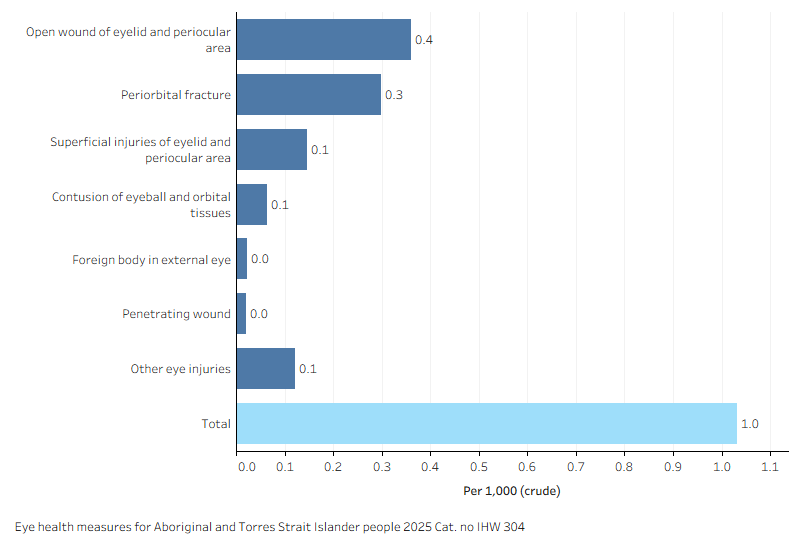 Horizontal bar chart showing the most common principal diagnosis for hospitalisations for eye injuries was an open wound of the eyelid and periocular area.
