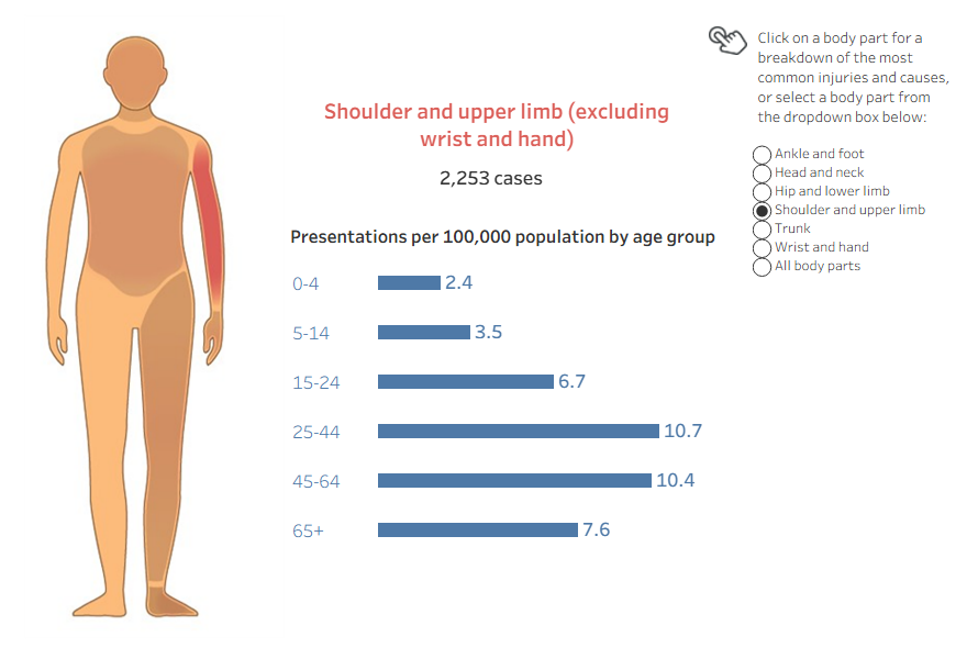 An interactive tableau visualisation showing human figure with injury hospitalisation data for each body part. The hip and lower limb reported the highest number of injury cases.