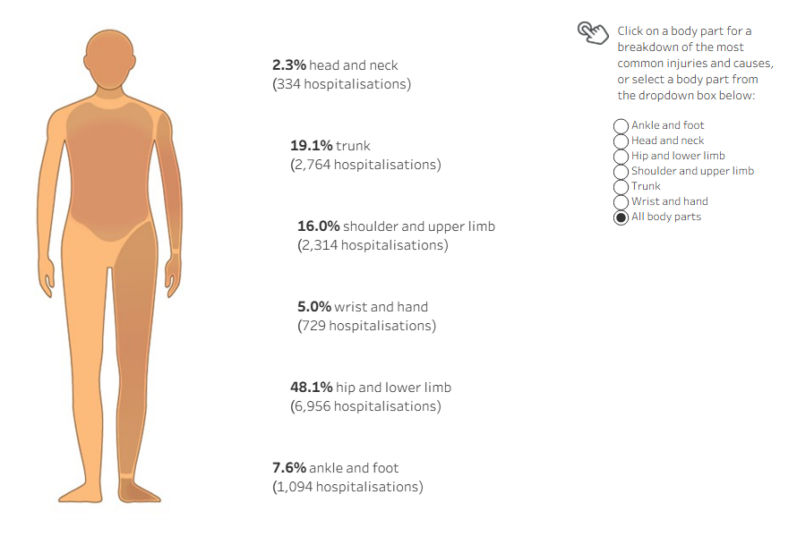 An interactive tableau visualisation showing human figure with injury hospitalisation data for each body part. The hip and lower limb reported the highest number of injury cases.