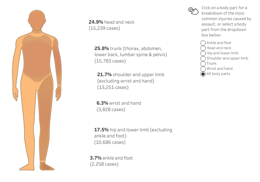An interactive tableau visualisation showing human figure with injury hospitalisation data for each body part. The trunk reported the highest number of injury cases.