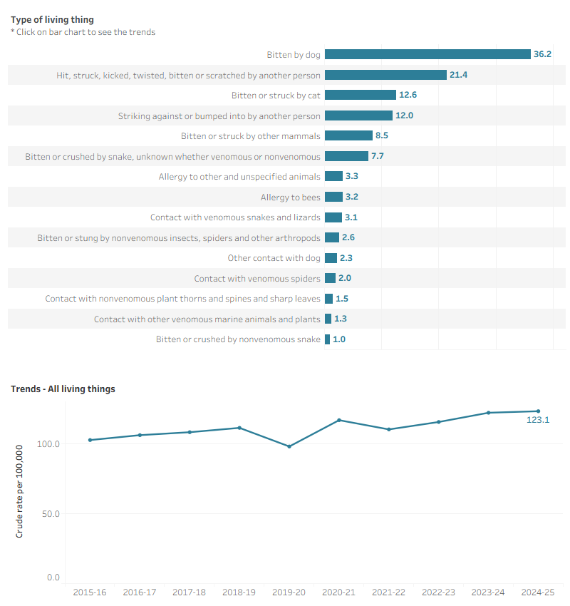 Figure 5 shows that hospitalisations relating to dog bites have increased steadily from 2014–15 to 2023–24.