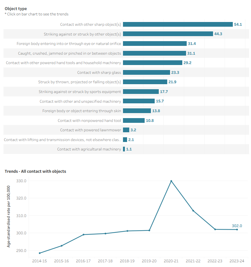 Figure 5 shows that for most object types, the rate of injury hospitalisations has peaked in 2020-21.