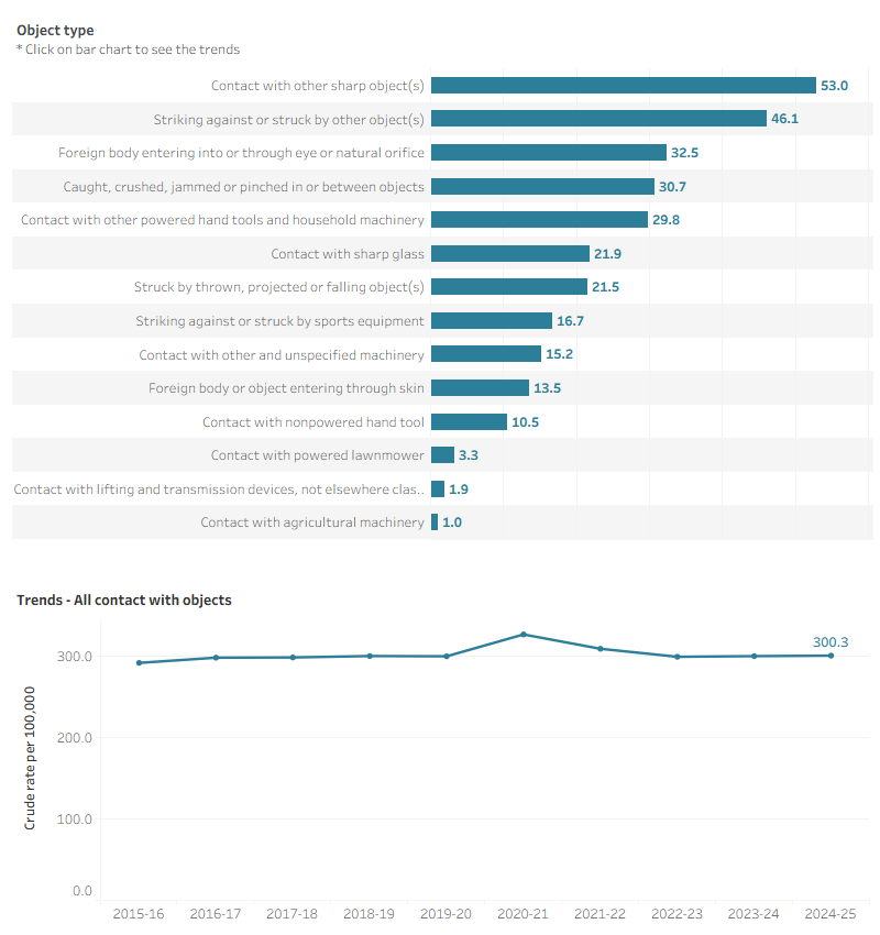 Figure 5 shows that for most object types, the rate of injury hospitalisations has peaked in 2020-21.