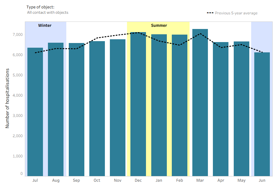Figure 6 shows the seasonal pattern of object injury hospitalisations by type of object.