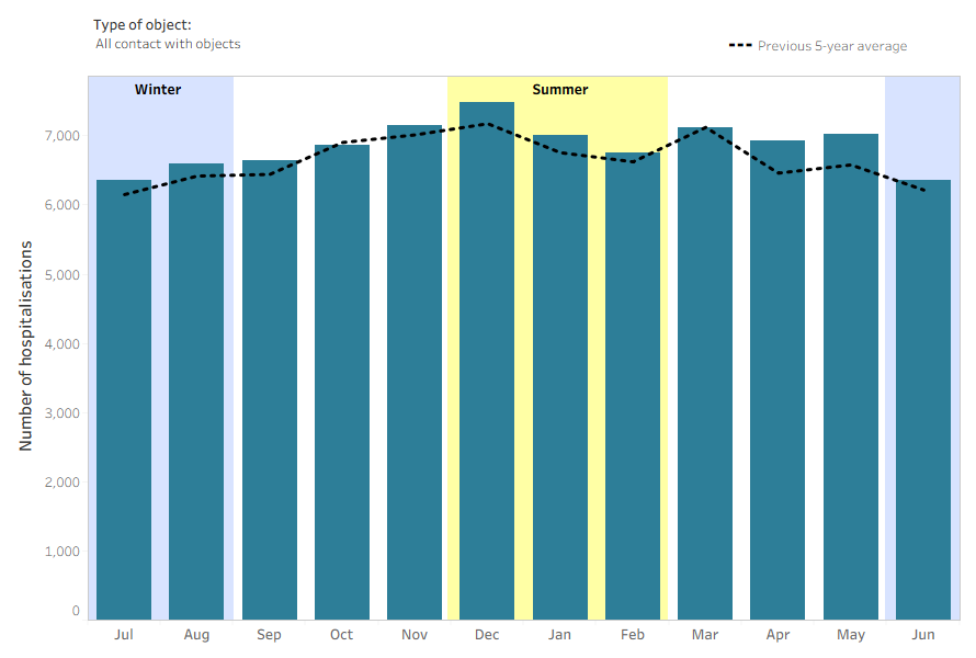 Figure 5 shows the seasonal pattern of object injury hospitalisations by type of object.