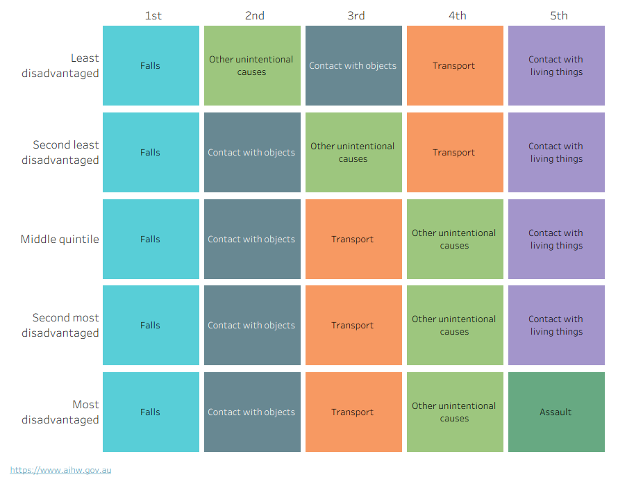 Rank chart presenting rates and numbers of hospitalisations by socioeconomic area. Falls were the leading cause of hospitalisation across all areas.