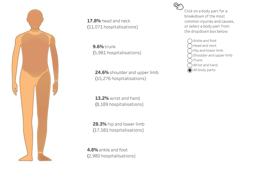 Diagram of human body shows percentage of body parts injured in hospitalisations in 2023–24, including injury types.