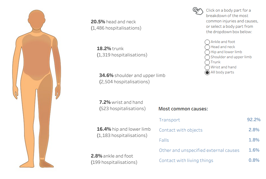 Diagram of human body shows percentage of body parts injured in hospitalisations in 2024–25, including injury types and causes.