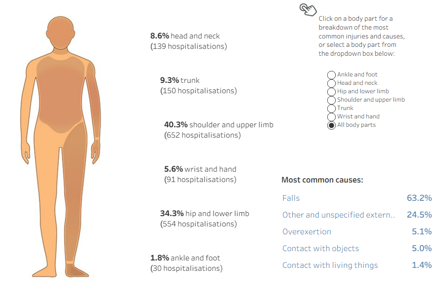 Diagram of human body shows percentage of body parts injured in hospitalisations in 2023–24, including injury types and causes.