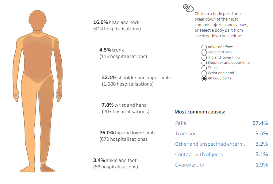 Diagram of human body shows percentage of body parts injured in hospitalisations in 2023–24, including injury types and causes.