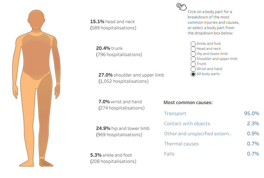 Diagram of human body shows percentage of body parts injured in hospitalisations in 2023–24, including injury types and causes.