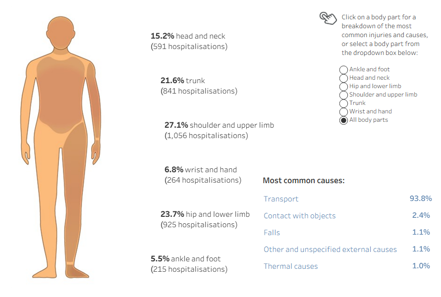 Diagram of human body shows percentage of body parts injured in hospitalisations in 2024–25, including injury types and causes.