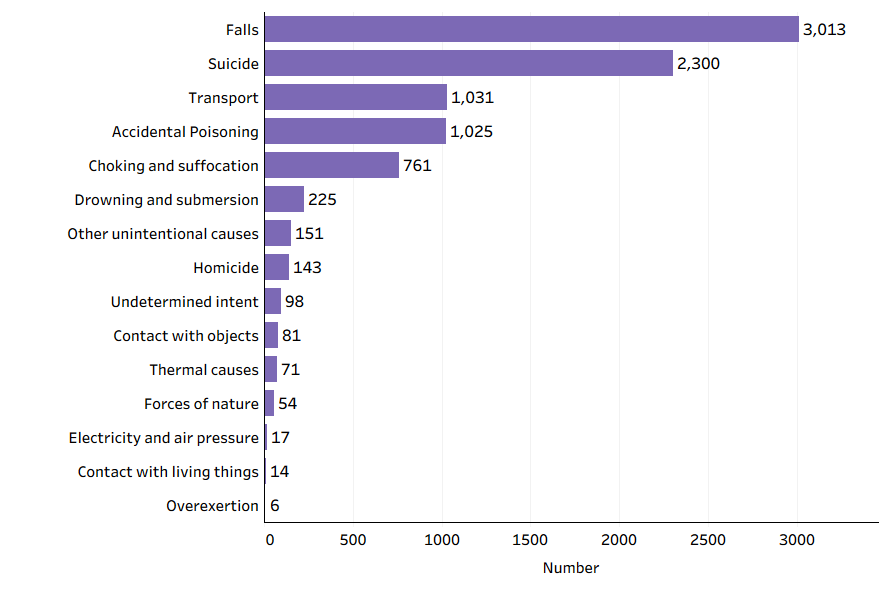 This is a bar chart of the number of injury deaths among men in 2021-22, by cause of injury. Falls caused the most injury deaths (3,000 deaths), followed by suicide (2,300 deaths) and transport (1,000 deaths)