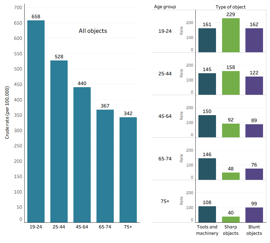 This is a bar chart of rates of injury hospitalisations for contact with objects, by age group and type of objects. Rates were highest for men aged 19 to 24. Men under 45 were more frequently injured by sharp objects, men 45 and over by tools and machinery.