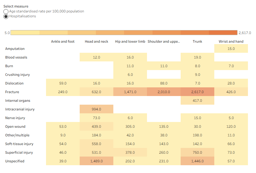 Body part injured by type of injury heatmap table showing fractures to the trunk, to the shoulder and upper limb and to the hip and lower limb were the most common injuries women were hospitalised with due to a transport accident.