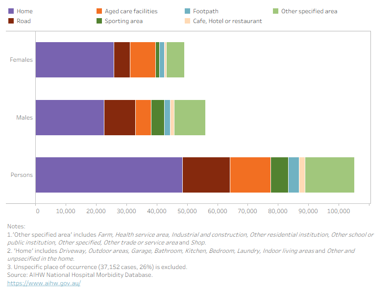 Stacked bar graph showing the top specified place of occurrence for head injury hospitalisations was the home. For males this was followed by the road, and for females, aged care facilities.