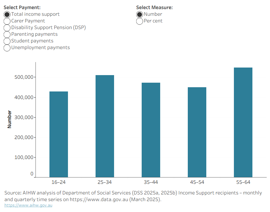 The bar chart shows the number and distribution of people aged 16-64 for each payment by age, sex, primary medical condition by age and by payment characteristics  as at 28 March 2025. 