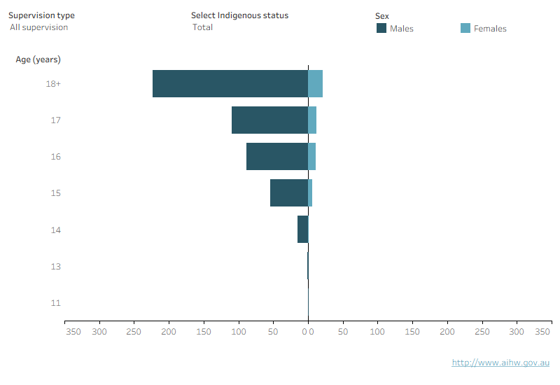 This population pyramid shows that there were males under all types of supervision than females. The largest number were males and females aged 18 and over.