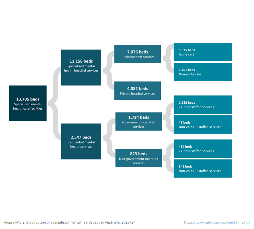 The distribution of specialised mental health beds in 2023–24. 
