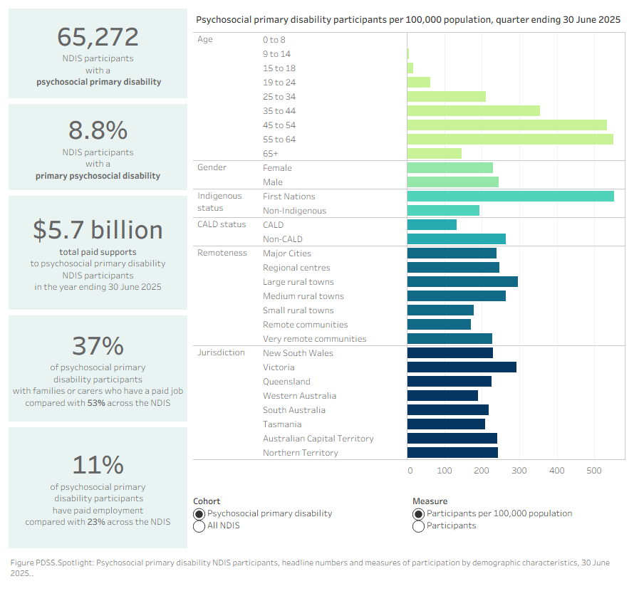 Figure showing headline data for NDIS participants with a psychosocial disability, and rates of participation in the NDIS for key demographic categories as at 30 June 2025.
