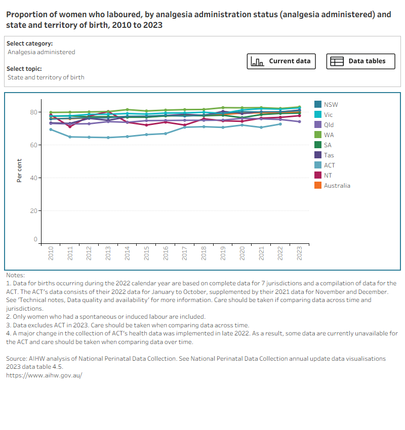 Bar chart shows analgesia administration status by selected topics and a line graph shows topic trends between 2010 (or earliest available year of data) and 2023.  
