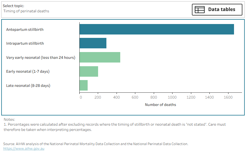 Timing of perinatal death as a proportion of all perinatal deaths in 2021. In a separate view, these data are broken down by gestational age group.