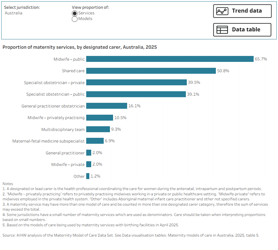 The bar chart shows around 49% of models of care in Australia have a public midwife as the designated or lead carer. This is followed by a public specialist obstetrician at 15.1%.