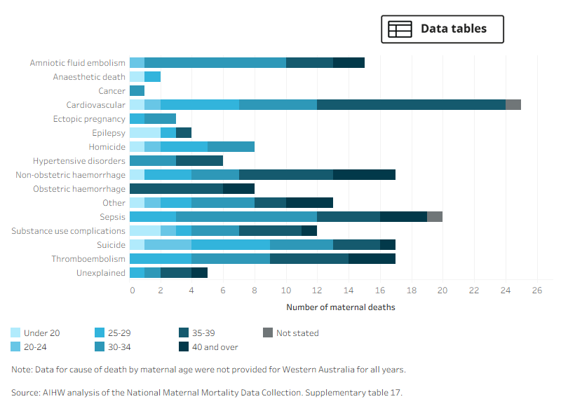 A stacked bar chart showing the causes of maternal deaths for mothers aged under 20, 20 to 24, 25 to 29, 30 to 34, 35 to 39, and 40 and over. For the leading cause, cardiovascular disease, there were 12 mothers who died were aged between 35-39.