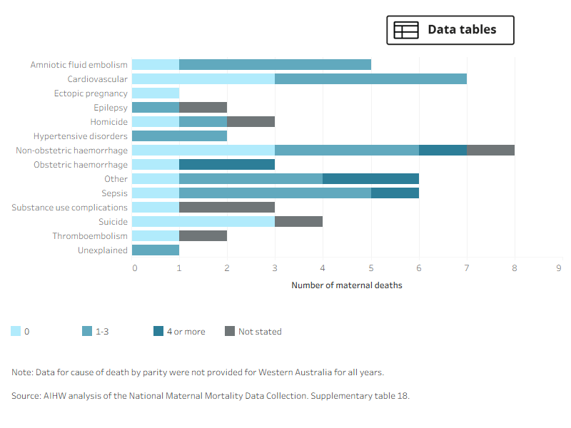A stacked bar chart showing the causes of maternal deaths for mothers with no previous pregnancies, 1 to 3 previous pregnancies or 4 or more previous pregnancies.