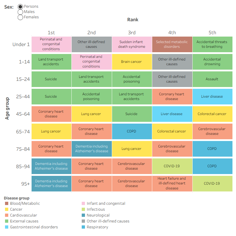 Tile chart shows the leading underlying causes of death for people aged 1-44 years are external causes. Middle to older ages have more chronic disease as leading underlying causes of death.